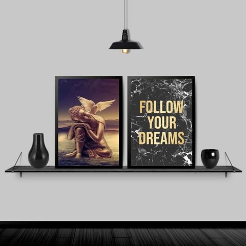 Kit 2 Quadros Buda Asas Follow Your Dreams 24x18cm:Madeira branca