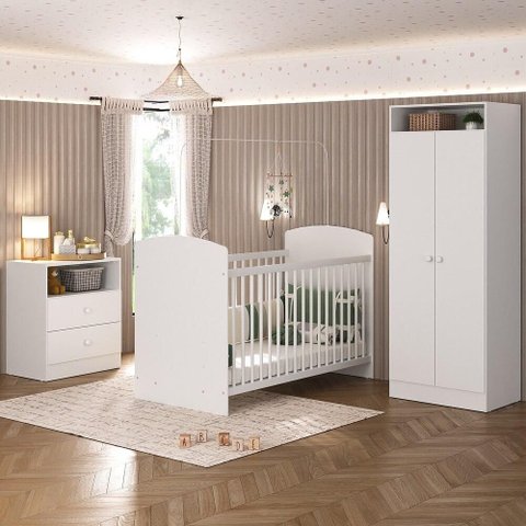 Quarto de Bebê Completo com Berço Cômoda e Guarda-roupa Doçura Multimóveis Branco
