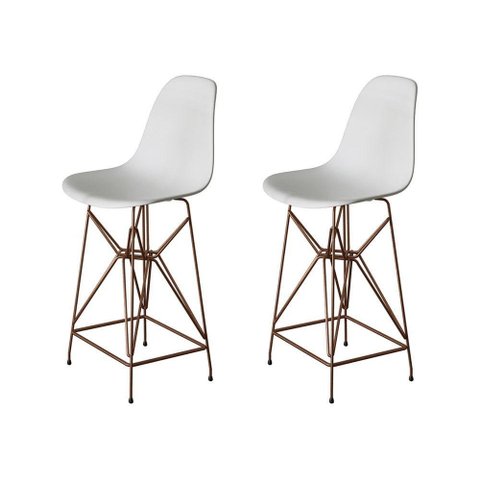 Kit 2 Banquetas Bistrô Alta Eames Branca Base Ferro Cobre - Cor: Branco