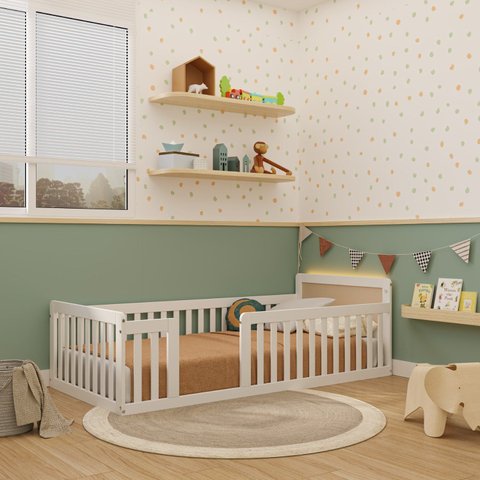 Cama Montessoriana Solteiro com LED Giulia Rattan Casatema MadeiraOriginals Branco
