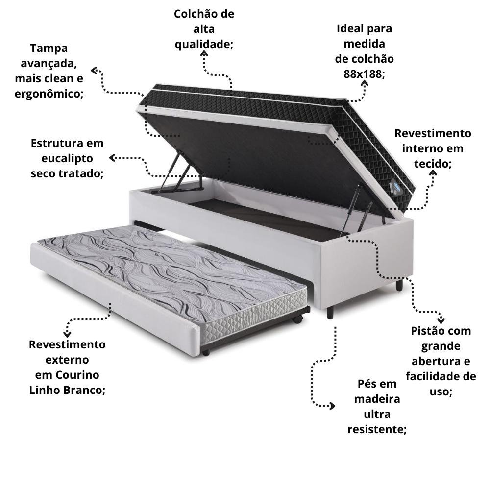 Bicama Box Baú Solteiro Courino Linho Branco 88x188 com Colchão Gransleep Molas Verticoil Ecoflex - 5