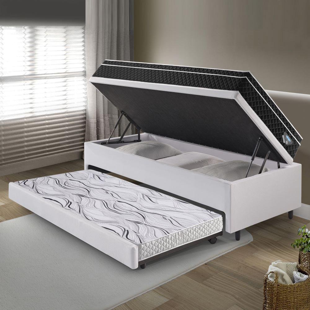 Bicama Box Baú Solteiro Courino Linho Branco 88x188 com Colchão Gransleep Molas Verticoil Ecoflex - 1