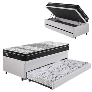 Bicama Box Baú Solteiro Courino Linho Branco 88x188 com Colchão Gransleep Molas Verticoil Ecoflex