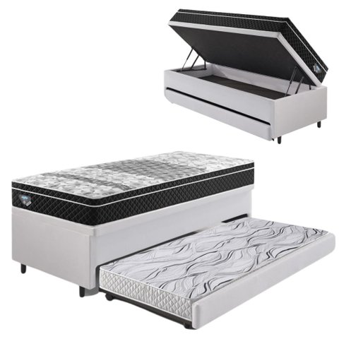 Bicama Box Baú Solteiro Courino Linho Branco 88x188 com Colchão Gransleep Molas Verticoil Ecoflex