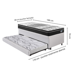 Bicama Box Baú Solteiro Courino Linho Branco 88x188 com Colchão Gransleep Molas Verticoil Ecoflex - 2