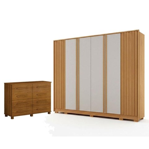 Guarda Roupa Casal Evo 6 Portas Cinamomo e Off-white com Cômoda San Marino 8 Gavetas Cinamomo – Leif