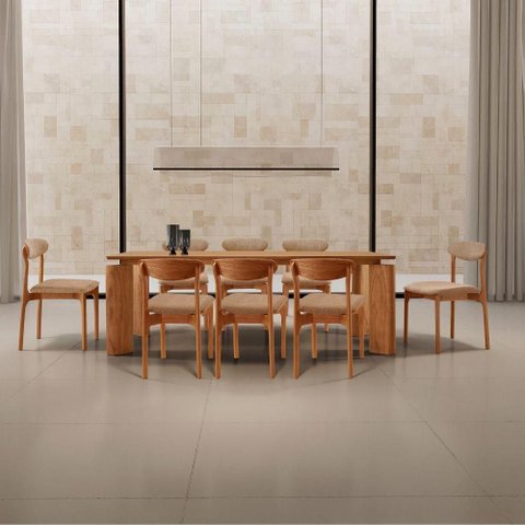 Conjunto de Jantar Nala 8 Lugares Tampo MDF Cadeiras Noronha Linho Imbuia 220cm Mobillare