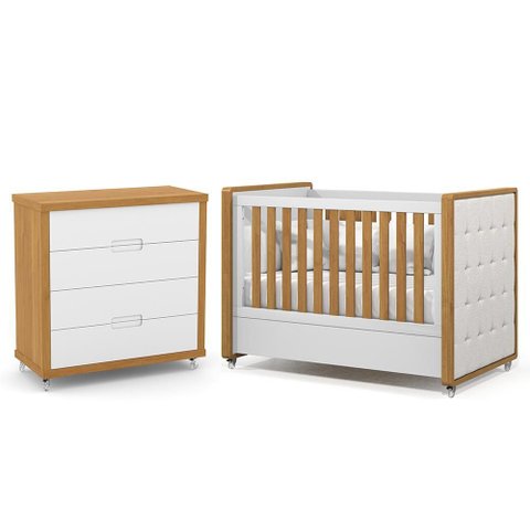 Jogo de Quarto Infantil Tutto New Cômoda 4 Gavetas e Berço Branco Soft/freijó com Capitonê -