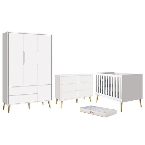 Dormitório Completo Infantil Theo 3 Portas, Cômoda 6 Gavetas, Berço Branco Fosco com Pés Madeira Nat