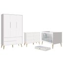 Ver imagem 1 de Dormitório Completo Infantil Theo 3 Portas, Cômoda 6 Gavetas, Berço Branco Fosco com Pés Madeira Nat