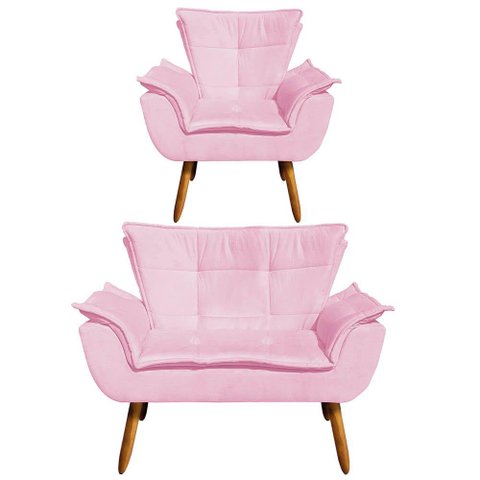 Kit 1 Namoradeira e 1 Poltrona Opala Suede Rosa Bebê D’Rossi
