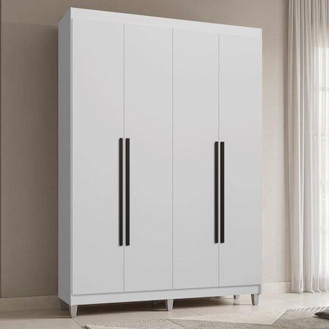Guarda-Roupa Solteiro com Pés 4 Portas Batentes Branco/Branco/Preto Saturno Madesa