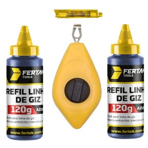 Kit Jogo Marcação Linha Giz 15m Azul Pedreiro Gesseiro com Nível + Refil Azul 120g