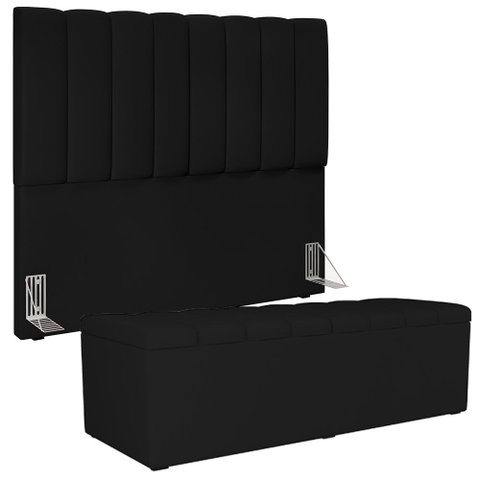Kit Cabeceira Cama Box Casal 140cm com Calçadeira Recamier Baú Dália W01 Suede Preto - Lyam