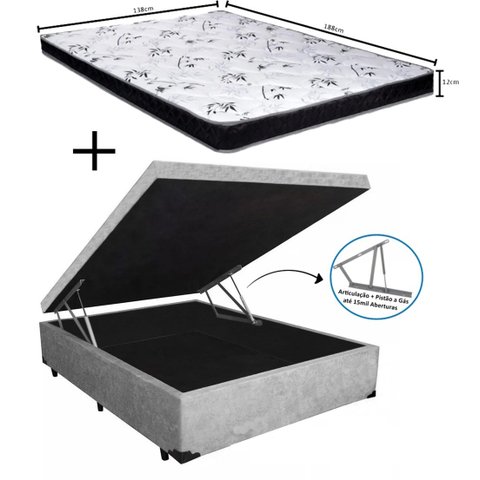 Cama Box Baú Casal Conforto Suede Cinza + Colchão Casal Conforto Espuma D23 Com EPS 17x138x188