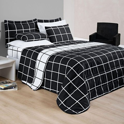 Kit Cobre Leito Minimalista Padrão 03 Peças Micropercal 200 Fios - Preto com Branco