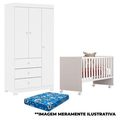 Berço Nacional Doce Sonho 3540 e Guarda Roupa Duda 3 Portas Branco Brilho com Colchão– Phoenix Baby