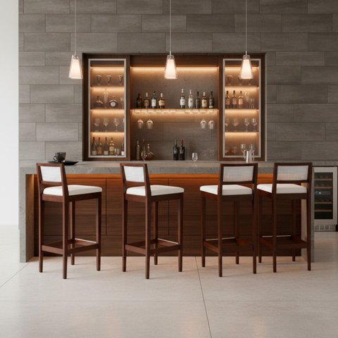 Kit 4 Banquetas Madeira Imbuia Cozinha Encosto Palha Rattan:Imbuia com Linho Cru