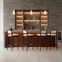Ver imagem 1 de Kit 4 Banquetas Madeira Imbuia Cozinha Encosto Palha Rattan:Imbuia com Linho Cru