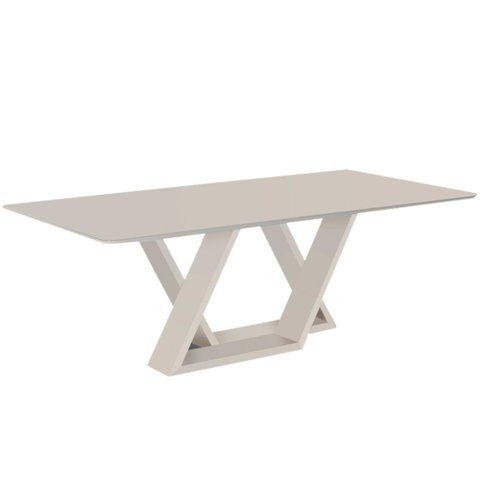 Mesa de Jantar Livia Flora 180 cm Retangular Borda Arredondada Madeira Vidro Colado Laca Off White