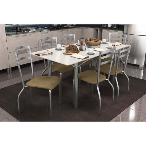 Conjunto: Mesa Sala Jantar Elba Tampo Madeirado c/ Vidro 160cm e 6 Cadeiras Portugal Cromada/Off