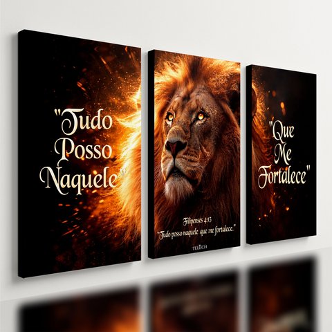 Kit 3 Quadro Decorativo Leão Filipenses 4:13 Cristão Gospel 40x28cm