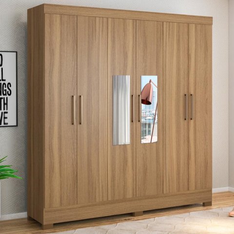 Guarda Roupa Casal 6 Portas com Espelho e 3 Gavetas Prático - Amêndola Touch