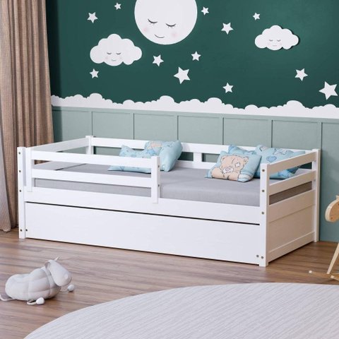 Bicama Infantil Eco com Grade de Proteção Madeira Maciça Branco Mobilistore