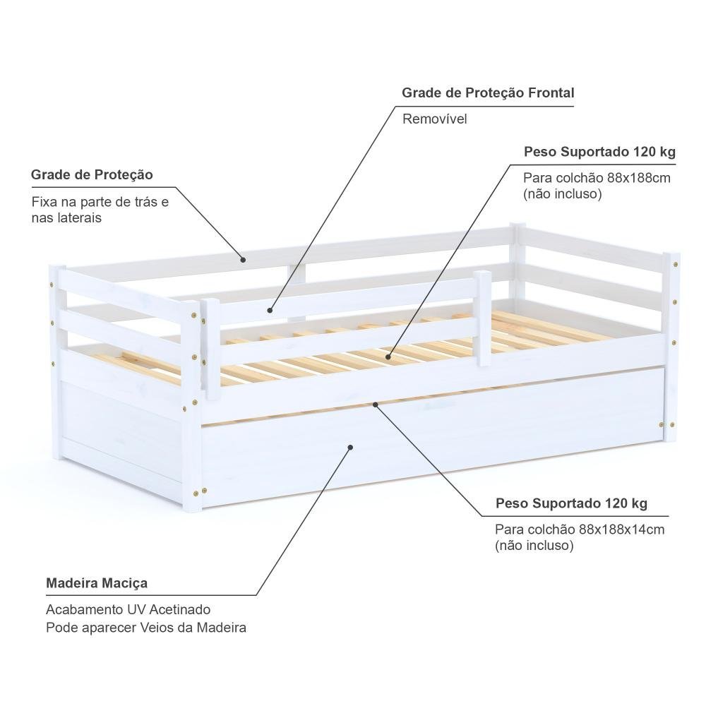 Bicama Infantil Eco com Grade de Proteção Madeira Maciça Branco Mobilistore - 2