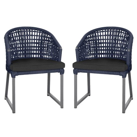 2 Cadeira Noronha Aluminio Micro Pintura Grafite, Tr. Telinha Corda Nautica Azul Marinho, Estofado