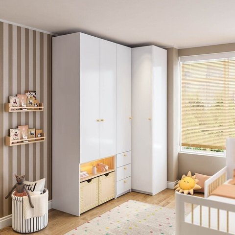Guarda-Roupa Modulado Infantil com LED 3 Peças 4 Portas Wave Casatema MadeiraOriginals Branco/Marrom