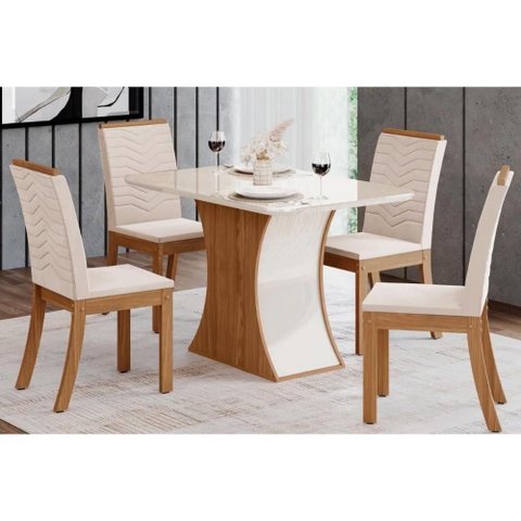 Conjunto Mesa Sala Jantar Luiza com Tampo de Vidro 120x80cm e 4 Cadeiras Isa Nature Off White Linho