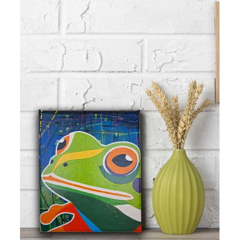 Quadro Figurativo Decorativo em Acrílico Pintado a Mão de Sapinho Colorido em Fundo Abstrato