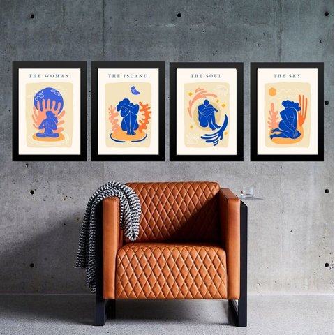 Kit 4 Quadros Decorativos Artes Zen Matisse 45x34cm:moldura Preta