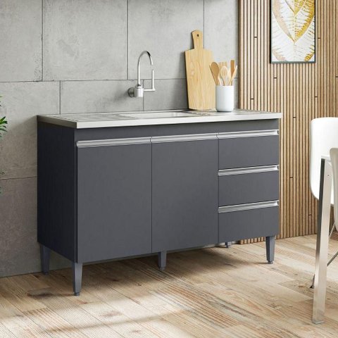 Balcão de Cozinha Calina 3 Portas 3 Gavetas 156cm Cinza Fosco AJL Móveis