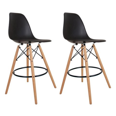 Kit com 2 Banquetas Altas Charles Eames Wood Dkw Eiffel - Design Pretas