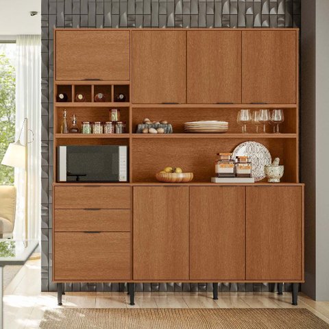Armário de Cozinha Viena 7 Portas 3 Gavetas e Adega para 4 Garrafas Jequitibá - Lukaliam
