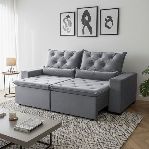 Sofá Retrátil Premium 150m Reclinável e Suede Soft Touch 2 Módulos Milão Cinza Claro