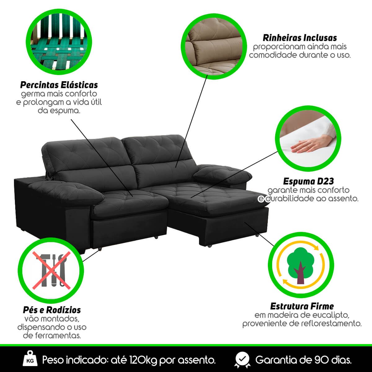 Sofa Retratil Reclinavel 2 Lugares 1,90m Crystal Veludo Grafite Lansofbr Lansof Brasil - 7