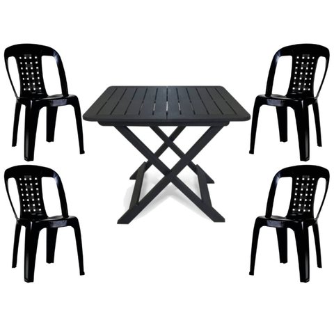 Mesa Quadrada Dobrável 80x72cm Preta + 4 Cadeiras Vime Empilhável