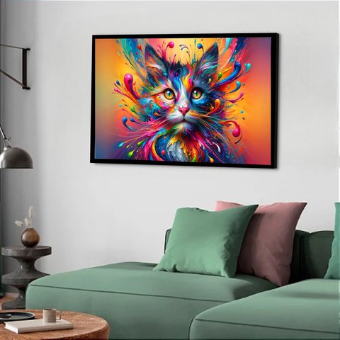 Quadro Decorativo Gato Bigode Colorido - 50x70cm:moldura Preta