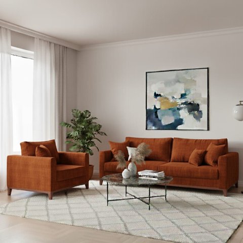 Conjunto de Sofá Beny Terracota, 2 Peças, 1 Sofá 1,80m e 1 Poltrona, Tecido Linho