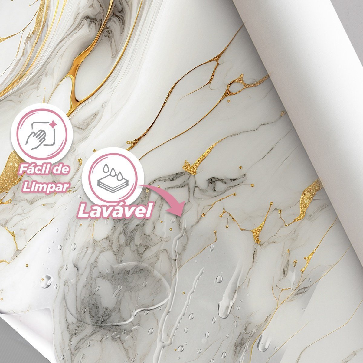 Papel de Parede Painel 3D Mármore Branco Fio Dourado Revestimento Auto Colante Brilho Marmorizado la - 3