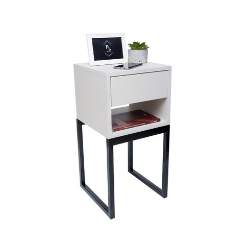 Mesa de Cabeceira Eco Industrial 30cm Branco Gaveta Superior Pés Ferro Preto para Quarto Cama