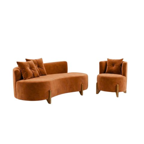Conjunto 01 Poltrona + Sofá Curvo Orgânico Veludo Terracota - Montanaris Decor