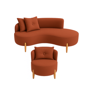 Conjunto 01 Poltrona + Sofá Curvo Orgânico Veludo Terracota - Montanaris Decor