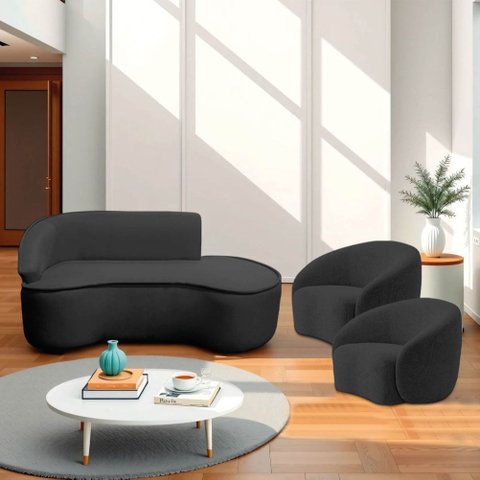 Kit Divã Recamier Orgânico Marrocos 180cm Lado Direito e 2 Poltronas Amore Linho Preto