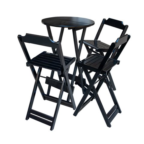Jogo de Mesa Bistrô Dobrável em Madeira Maciça com C/3 Banquetas Altas - Preto