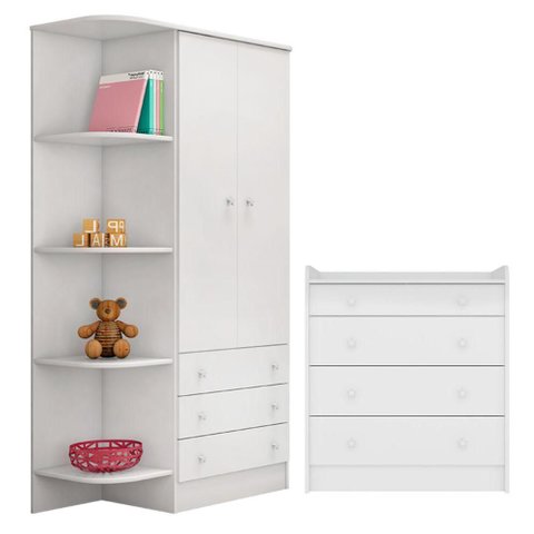 Conjunto Guarda Roupa e Cômoda Domus Bella 2 Portas 4 Gavetas MDP Branco Qmovi