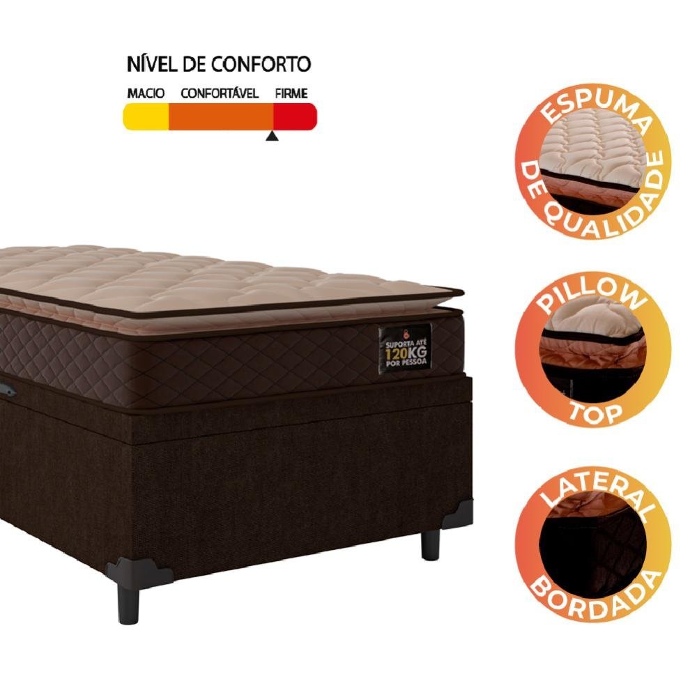 Cama Box Baú Solteiro Colchão Espuma D33 Pillow Top Millenium 88x188x60cm Marrom Hellen - 7